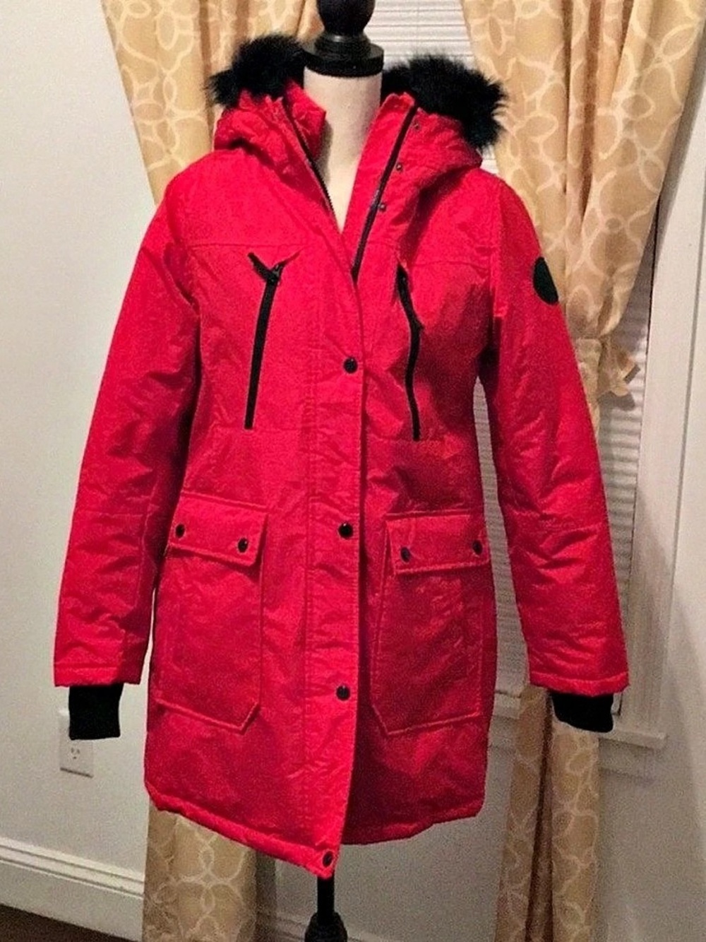 a.n.a Red Quilted Parka with Fur Trimmed Hood